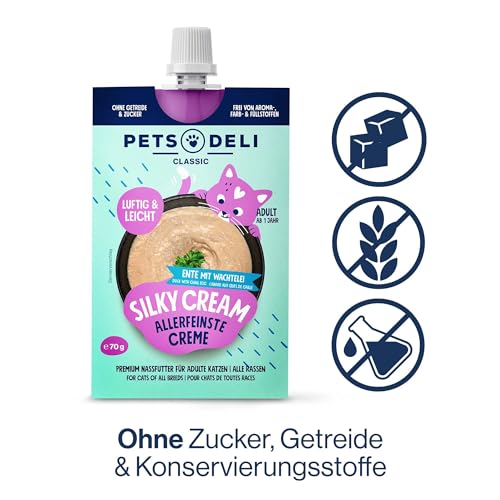 Pets Deli Nassfutter Silky Cream für Katzen mit Ente und Wachtelei - ohne Zucker und Getreide, 12x70g