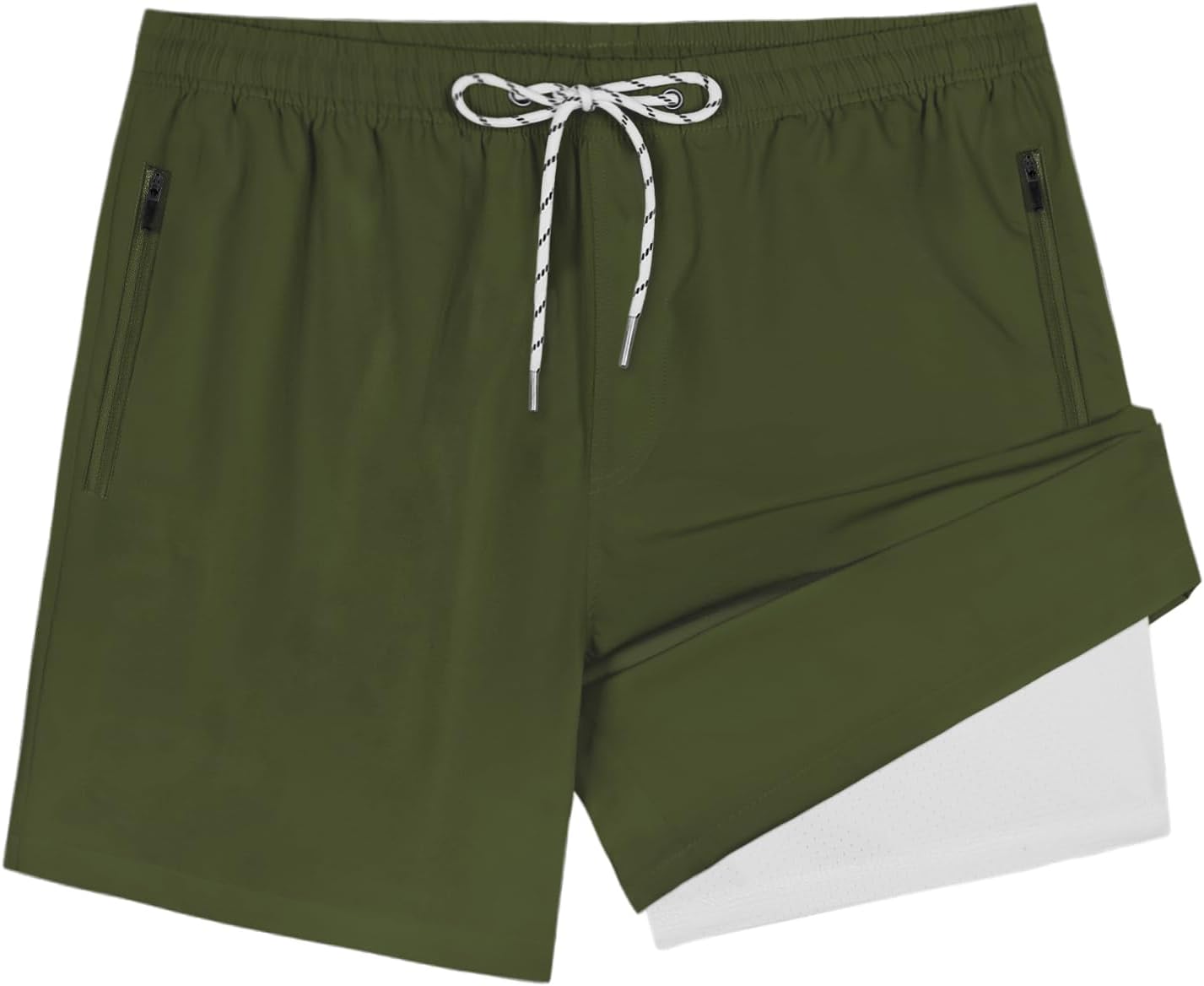 Mens Swim Trunks 5 Inch Men's Swimming Trunks 2 In 1 CompressionSoft Stretchy Quick Dry Comfort Drawstring Solid Green Pockets Beach Pool 4-way Breathable Husband Boyfriend Summer Polyester Spandex - Image 6