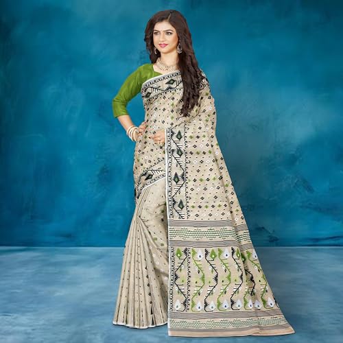 Image of Mayabi Women's Dhakai Jamdani Cotton Silk Saree Traditional Bengali Tant Korat Work, Without Blouse Piece