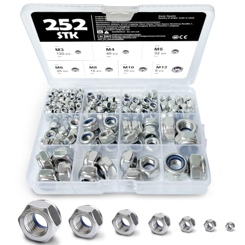 252 Stück Sortiment an Sicherungsmuttern 7 Größen (M3 M4 M5 M6 M8 M10 M12) Komplettes Set mit Nylock-Muttern Sortierte Sechskantmuttern mit Nyloneinsatz