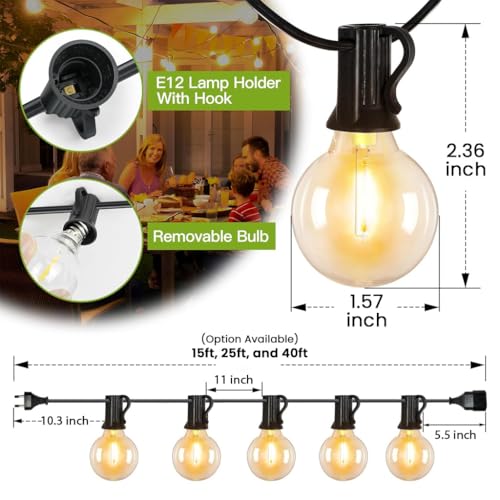 Image of G40 Outdoor String Lights 25ft Decorative LED Bulbs IP65 Waterproof Shatterproof Indoor /Outdoor Lighting 0.6W Energy Saving Hanging Light for Backyard Terrace Garden Balcony (25+2 Bulbs)