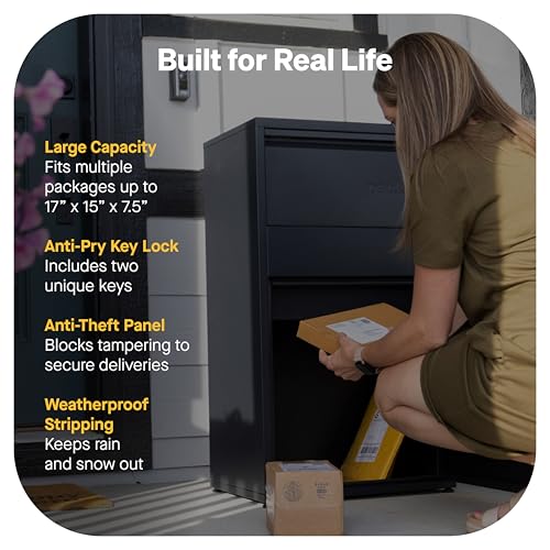 Image of Adoorn Package Delivery Boxes for Outside - Large Anti-Theft Secure Package Box - Free Standing Parcel Drop Box - Weatherproof Construction - Durable Steel - 36 inch H x 20.5 inch W x 15 inch D - Black