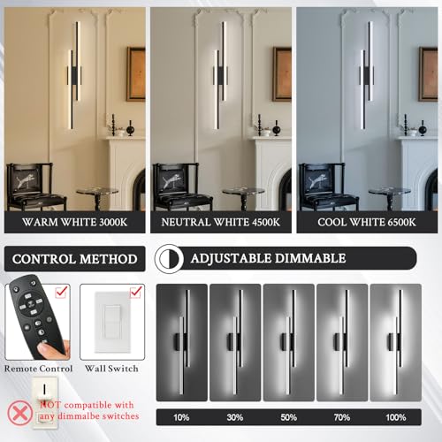 Image of LED Wall Sconce Black Modern Remote Wall Light Fixtures for Living Room, Dimmable LED Vanity Light Indoor Remote Wall Sconce for Bedside Bedroom Bathroom Dining Room, L31.5inch 1 Pack