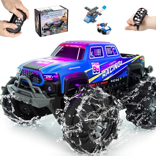 Calefwe Amphibious Remote Control Car, Monster Trucks for Boys Age 4-7, Monster Truck Toys W/Blocks...