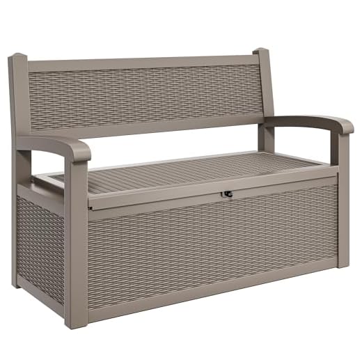 YITAHOME 70 Gallon Storage Bench Deck Box, Lockable Patio Bench, Waterproof Outdoor Pool Deck Storage for Patio Cushions, Garden Tools and Pool Supplies, Light Brown