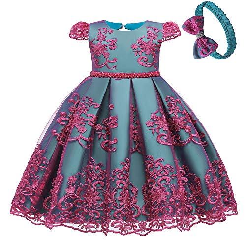 CUTECATCOS 8-9Years Rose Toddler Baby Girls Embroidered Christing Pageant Birthday Party Baptismal Dress with Headband?7932-Red&Blue 140?