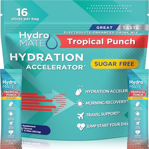 Image of Electrolyte Powder Sugar-Free Hydration Packets Tropical Punch HydroMATE 16 Sticks