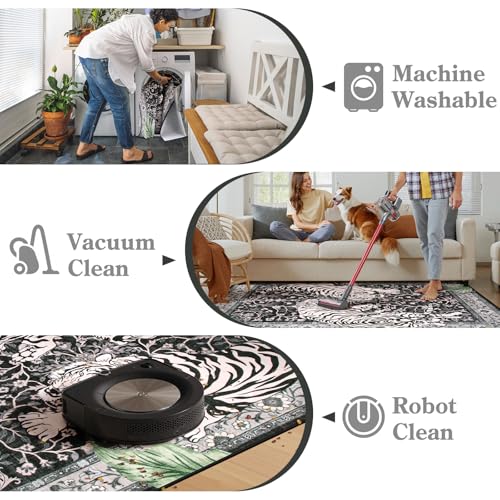 Moynesa Tiger 8x10 Area Rug, Washable Boho Rugs for Living Room, Vintage Large Soft Dining Room Rug, Non Slip Ultra Thin Stain Resistant Floor Carpet for Home Office Bedroom, Black