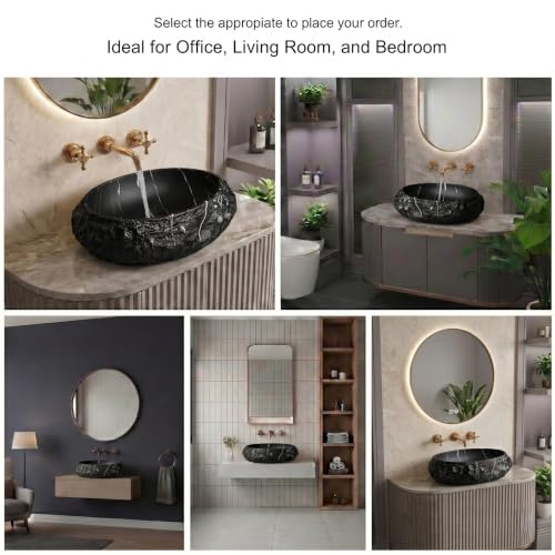 Image of BASSINO 20x15x6 Inches Artificial Stone Table Top Washbasin /Black Marble Stone Texture Luxury Countertop Sink /Modern Rock Finish Wash Basin for Home-Hotel /Designer Oval Shape Basin for Bathroom(Matte)