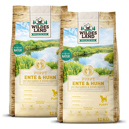 Wildes Land - Nr. 8 Puppy Ente & Huhn - 24 kg - mit Kartoffeln und Wildkräutern - Glutenfrei - Trockenfutter für Hunde - Hundefutter mit hohem Fleischanteil - Hohe Verträglichkeit
