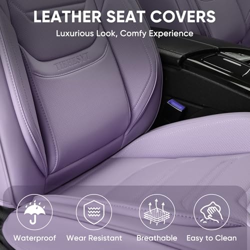 Image of TIEHESYT Leather Car Seat Covers Full Set with Lumbar Support, Waterproof Car Seat Cover, Universal Seat Covers for Cars, Trucks, SUVs, Sedans, Airbag Compatible, Front Pair and Rear, Purple