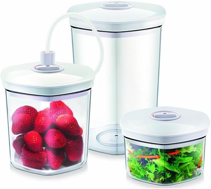 Caso Vacuum Container Set, Container Shatterproof and Dishwasher Safe, 3 Vacuum Containers for Pressure-Sensitive and Liquid Food, Suitable for All Vacuum Sealers with Hose Connection, Stackable