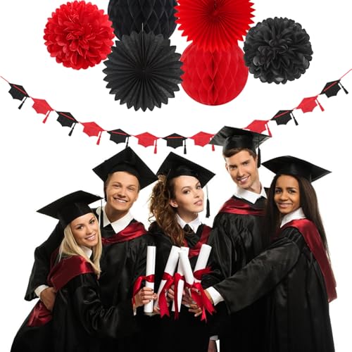 Image of Red Black Party-Decoration Graduation Banner - 14pcs Kits Cap Garland Streamers, Paper Tissue Pom Poms Flowers Fans Honeycomb,Class Of 2026 College High School Grad Decor Hugfond