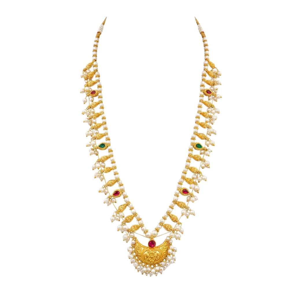Kolhapuri Saaj Necklace Gold Plated | Pearls & Kundan | Pearl Chand Pendant | Maharashtrian Bridal Jewelry for Women-image-19