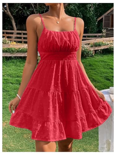 Image of Floerns Women's Swiss Dots Sleeveless Ruched Bust Ruffle Hem Cami Short Dress