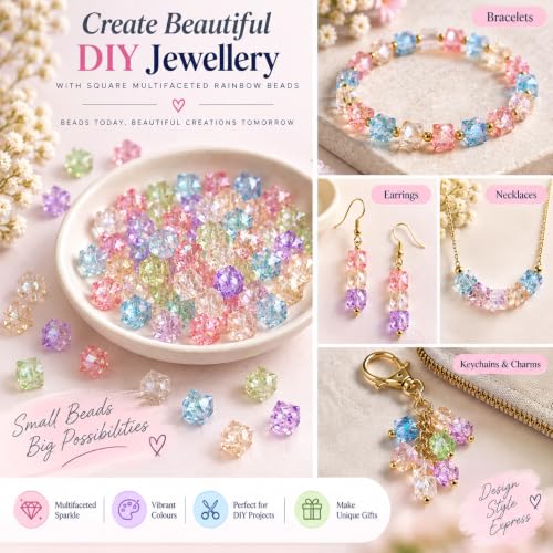 Image of 500 Pcs Square Rainbow Crystal Beads for Jewellery Making Kit - Beads for Bracelet Making Kit - Bead Craft - Acrylic - Multicolour - 120g, 8mm