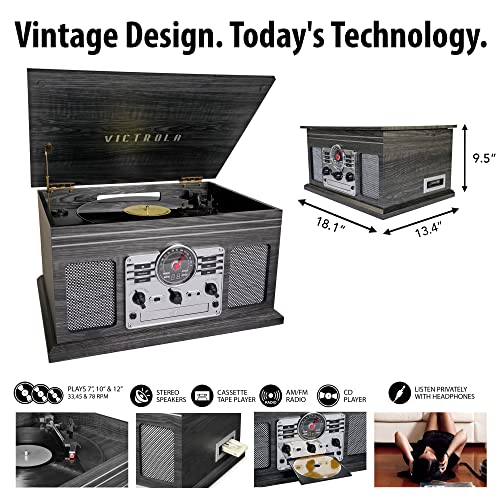 Victrola Nostalgic 6-In-1 Bluetooth Record Player & Multimedia Center With Built-In Speakers - 3-Speed Turntable, Cd & Cassette Player, Am/Fm Radio | Wireless Music Streaming | Grey | Wood #TOP3