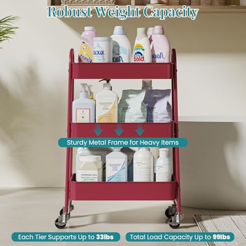 Image of OLIXIS Metal 3 Tiers Utility Rolling Cart, Mobile Storage Shelf with Lockable Caster Wheels, Organization for Livingroom, Bathroom & Narrow Places, Red