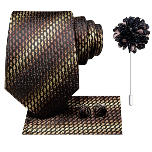 Image of Hi-Tie Black and Brown Striped Ties Men Woven Formal Necktie Lapel Pin Pocket Square Cufflinks Sets Formal Business Wedding