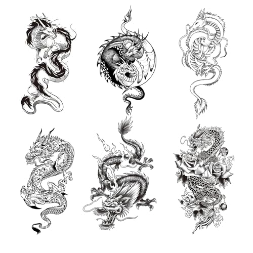 Qiwenr 6 Feuilles Tatouage Temporaire de Dragon, Tatouages Dragon Noir pour Homme Femme, Tattoo Temporaire, pour Halloween, Cosplay, Fêtes, Pâques,...