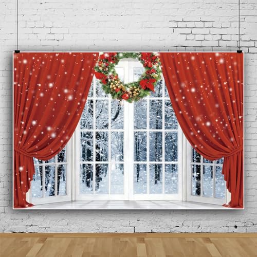 Sfondo per Tenda Rossa di Natale - Scena Con Albero Scintillante e Ghirlanda Bianco della Foresta per Decorazione Natalizia - Vinile 10x6.5ft