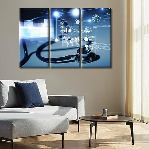 Image of Medical Instrument Wall Art 3 Panels Medical Stethoscope and Infographic Paintings for Wall Decorations Wall Pictures Posters Giclee Wooden Framed Gallery-Wrapped Ready to Hang (42 inch Wx28 H)