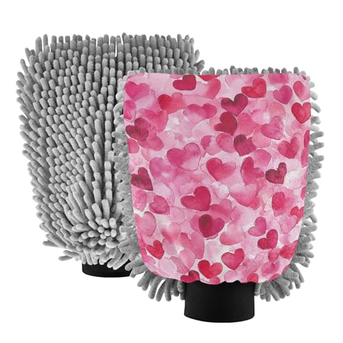 Cartoon Cute Pink Love Hearts Wash Mitt for Cars 2 Pack Car Washing Glove Non Scratch Detailing Sponge for Wash Drying