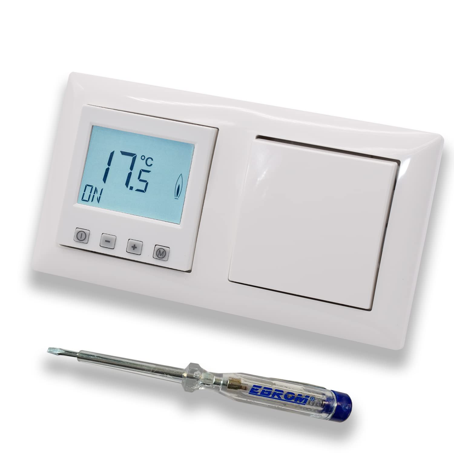 Halmburger termostat pokojowy regulator temperatury pomieszczenia ERD-55rg DIGITAL in Busch Jäger Balance SI alpejska biel z włącznikiem światła 2000/6 US + tester fazy EBROM do montażu urządzeń