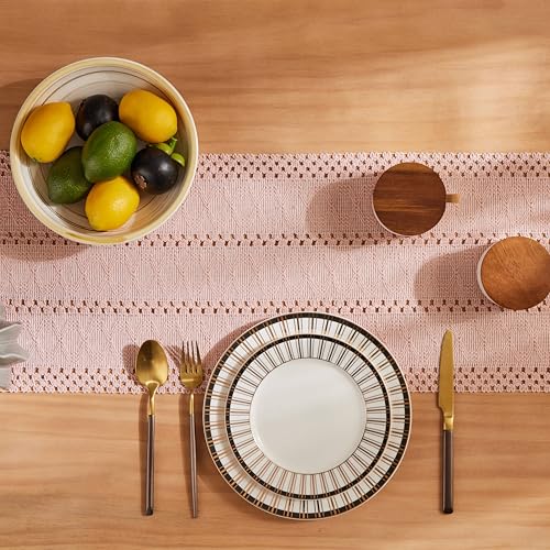 Image of ZeeMart Macrame Style Boho Table Runner, 12x36 Inch Light Pink | Woven Boho Table Runner with Handmade Tassels, Crochet Hollow Table Scarf, Farmhouse Kitchen Home Decor Dresser Runner