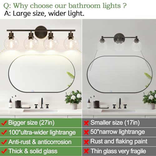 Image of Indoi 4-Light Bathroom Light Fixtures, Oil Rubbed Bronze Bathroom Lights Over Mirror with Clear Glass Globe Shade, Vanity Lights for Bathroom Kitchen Living Room Hallway Cabinet Bedroom Porch