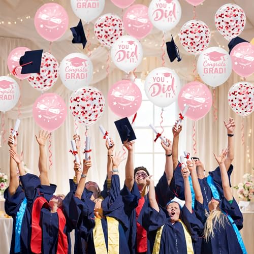 Image of Graduation Decorations 2026 - Graduation Balloons 62pcs 12 Inch Pink White Grad Print Latex Confetti Balloons for College High School Class of 2026 Congrats Grad Party Decor Supplies (Ribbon)