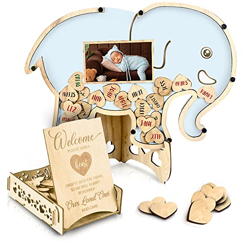 Image of Safari Jungle Elephant Baby Shower Guest Book Alternatives - Centerpiece Keepsake For Boy - Baby Sonogram Frame Nursery Decor Photo Frame - Sign In Guestbook
