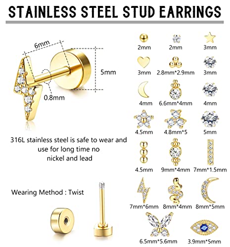 BESTEEL 20PCS Small Hypoallergenic Flat Back Stud Earrings for Women Men Surgical Steel Silver Gold Plated Cartilage Stud Earrings Tiny Ball Heart Star Stud Earrings Set for Multiple Piercing 20G3