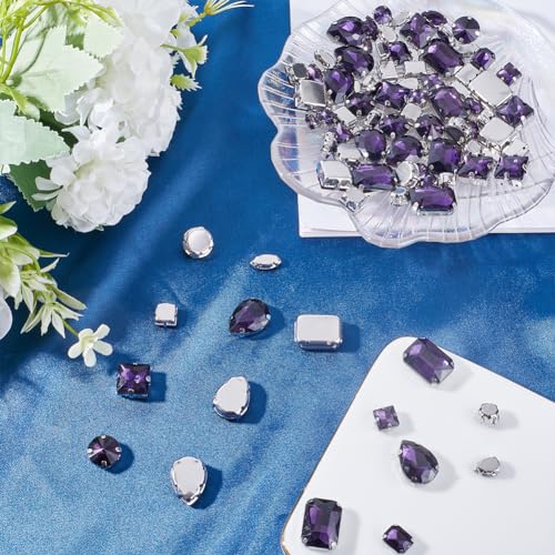 GORGECRAFT 1 Box 100Pcs 10 Styles Sew On Rhinestones Purple Glass Rhinestone Silver Claw Flatback Gemstones with 4 Holes Teardrop Round Square Mix Shape Size Sewing Gems for DIY Embellishments Crafts - Image 4