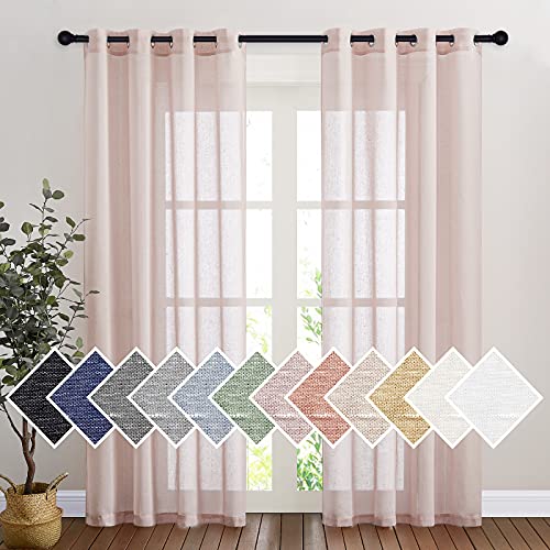 NICETOWN Semi Sheer Linen Pink Curtains for Girls Bedroom, Grommet Top Casual 84" Long Thick Semitransparent Flax Sheer Window Treatment Privacy for Nursery, 1 Panel = 52" W, 2 Panels, Dusty Blush