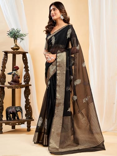 Image of Satrani Women's Organza Sequins Embroidery Jacquard Saree with Unstitched Blouse Piece