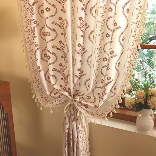 Image of Boho Farmhouse Curtains for Living Room 2 Panels,Linen Floral Fall Curtains 90 Inches Long,Privacy Country Vine Pattern Bedroom Curtain,Let Light in Window Drapes Beige