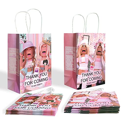 12 Sandbox Game Gift Bags Girls Aesthetic Theme Party Supplies Happy Birthday Gifts Paper Bag for Boy Girl, Pink with Handle