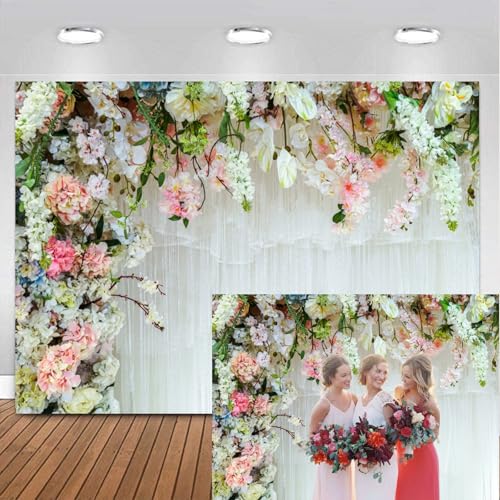 Yeele 7x5ft Floral Wall Wedding Backdrop Romantic Spring Rose Flower White Curtain Bridal Shower Party Decoration Background Proposal Engagement Cradle Ceremony Reception Backdrop