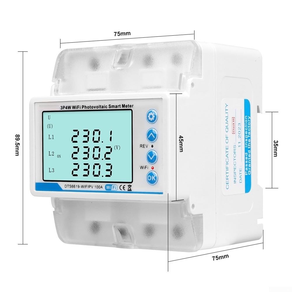 Medidor de energía WiFi trifásico con seguridad fotovoltaica, sobre/bajo voltaje y pérdida de fase, blanco 8.95x7.5cm