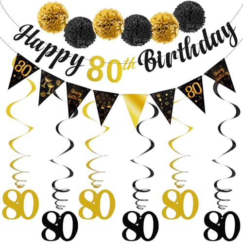 TOBATOBA 80th Birthday Decorations Kit for Men Women, Black Gold Happy 80th Birthday Banner, Triangle Flag Banner 80th Birthday Party Decorations, Swirl Streamers Paper Pompoms Party Supplies by TOBATOBA - Used condition - US$10.70