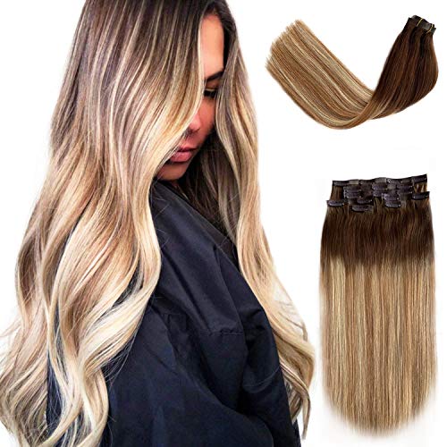 Ombre Brown to Golden Brown Clip in Hair Extensions with Blonde Highlights Straight Human Hair Extensions Skin Weft 7 Pcs Invisible Clip in Remy Extensions PU Weft Hair Clip on 120G 18Inch for Women