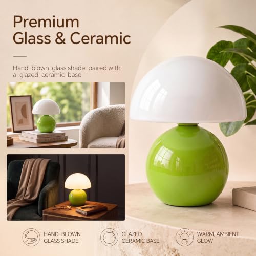 Image of Dawnwake Mushroom Lamp Table Lamp for Bedroom-Small Desk Table Lamps,Green | 8.7 inch Mid Century Modern Table Lamps for Living Room Bedroom Decor,Cute Ceramic Lamps for Mushroom Home Room Decor,Glass Shade