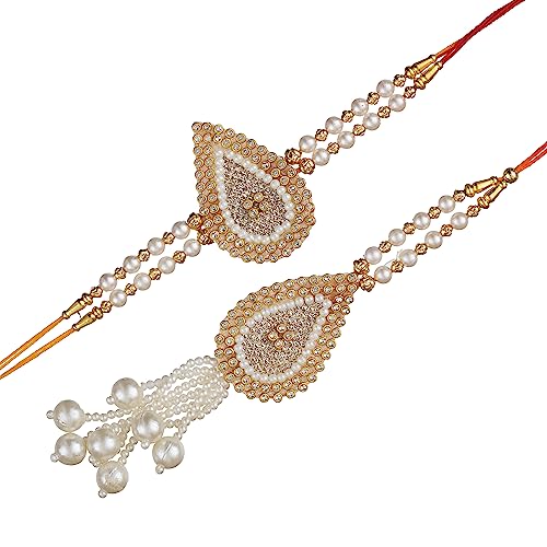 Image of eCraftIndia Diamonds, Pearls Designer Bhaiya Bhabhi Rakhi Set with Roli Chawal Pack -