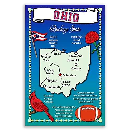 OHIO STATE MAP postcard set of 20 identical postcards. Post cards with OH map and state symbols. Made in USA.