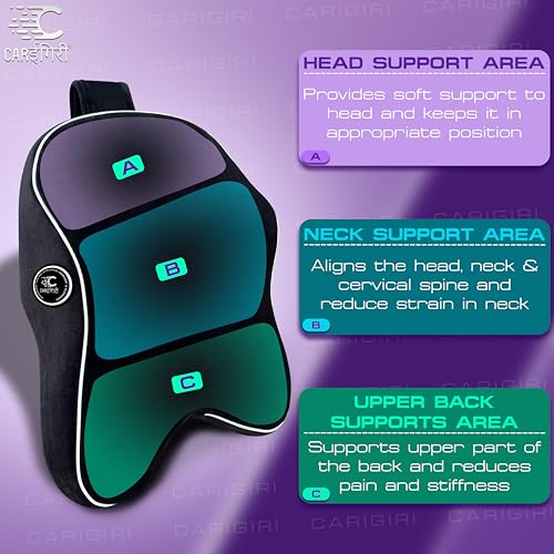 Image of Carigiri Cradle Car Neck Rest Cushion|1 Year Warranty| Memory Foam Neck Pillow| Seat Headrest Cushion| Car Neck Pillow for Neck Pain Relief in Office, Driving(Large+,Black,White Hemming,Pack of 1)