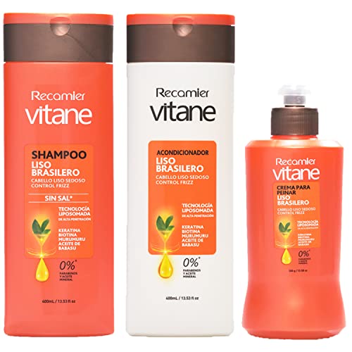 Vitane Liso Brasilero,Shampoo,Conditioner,Styling Cream Frizz Control Silky Smooth Hair 400 ml. Parabens Free. 3 Pc Set Vitane Liso Brasilero,Shampoo,Conditioner,Styling Cream Frizz Control Silky Smooth Hair 400 ml. Parabens Free. 3 Pc Set