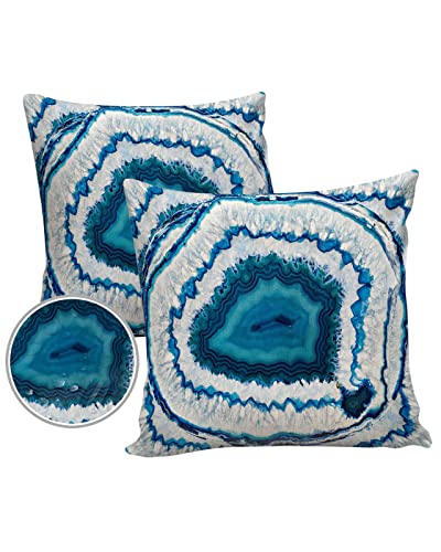 Outdoor Pillow Covers Waterproof, Agate Texture Blue White Liquid Swirls All Weather Cushion Case Set of 2, Abstract Ocean Ripples Artwork Decorative Pillowcases for Sofa Patio Furniture 18