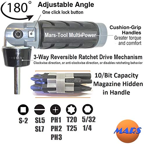 Heavy Duty RATCHETING SCREWDRIVER - ADJUSTABLE ANGLE - 3 Way Ratchet - NONSLIP Big Rubber Grip - Multibit Storage w/Ph Hex Torx Bits | Durable Portable Screw Driving Solutions from Mars-Tool