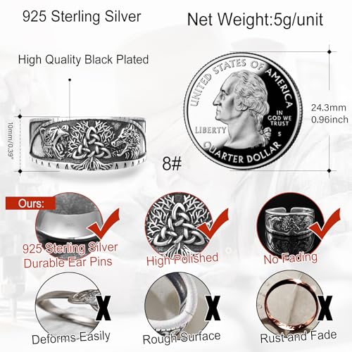 Norse Viking Lion/Wolf/Star/Scorpion Bear Tree of Life Wolf/Thor's Hammer Viking Ring 925 Sterling Silver Ring with Runes Runic Norse Jewelry for Men Women Open Adjustable3